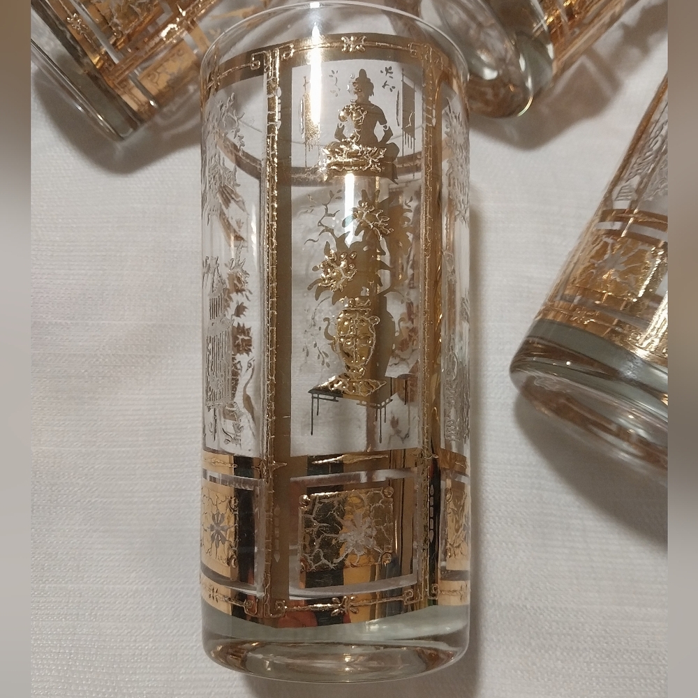 Culver Mid Century 22K Gold Chinoiserie Design Set of Four Highball Glasses